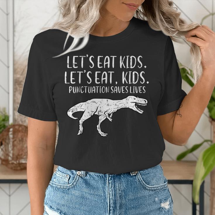 Lets Eat Kids Punctuation Saves Lives Dino Teacher Men Women's T-Shirt, funny gift