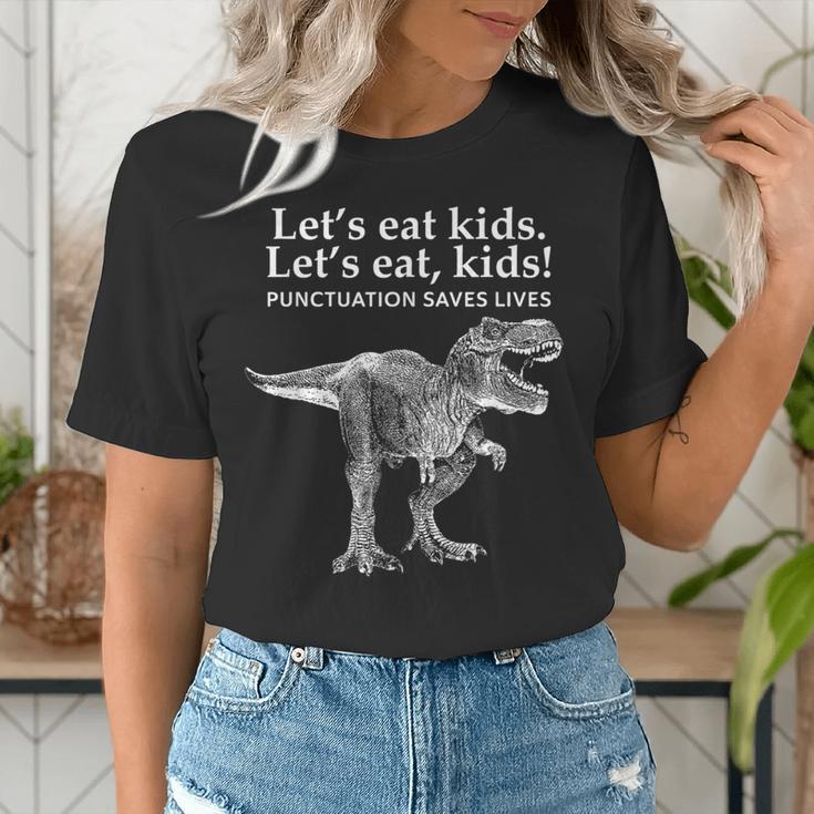 Lets Eat Kids Punctuation Saves Lives Dinosaur Teacher Women's T-Shirt, funny gift