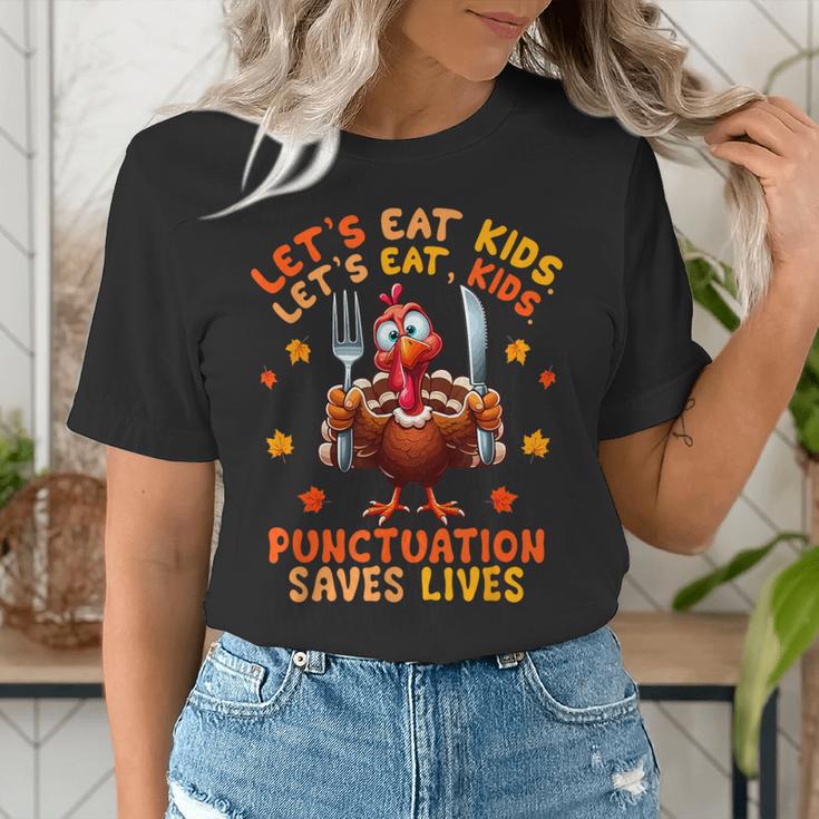 Eat Kids Punctuation Saves Lives Thanksgiving Turkey Teacher Women's T-Shirt, funny gift