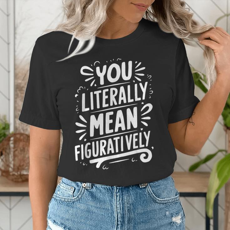 English Teacher Grammar Police Language Nerd You Literally Mean Figuratively V-Neck Modern Short Sleeve Small Women's T-Shirt, English Teacher Shirts, funny gift