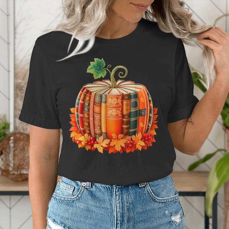 Fall Book Autumn Reading Teacher Halloween Pumpkin Season Women's T-Shirt, funny gift