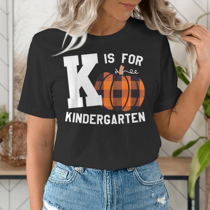 Fall Kindergarten Teacher K Is For Buffalo Plaid Pumpkin Women's T-Shirt, funny gift Fall Kindergarten Teacher K Is For Buffalo Plaid Pumpkin Women's T-Shirt, funny gift