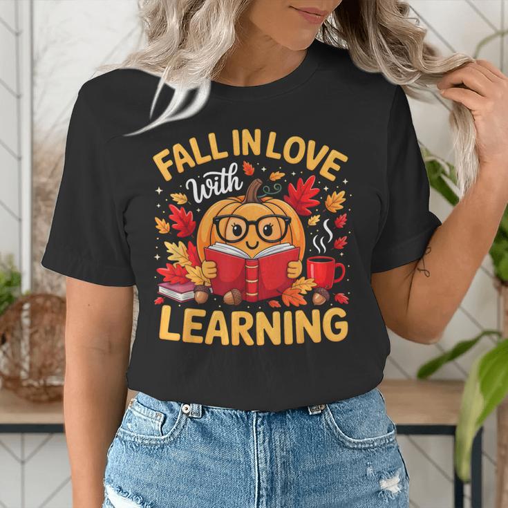 Fall In Love With Learning Pumpkin Thanksgiving Teacher Fall Women's T-Shirt, funny gift