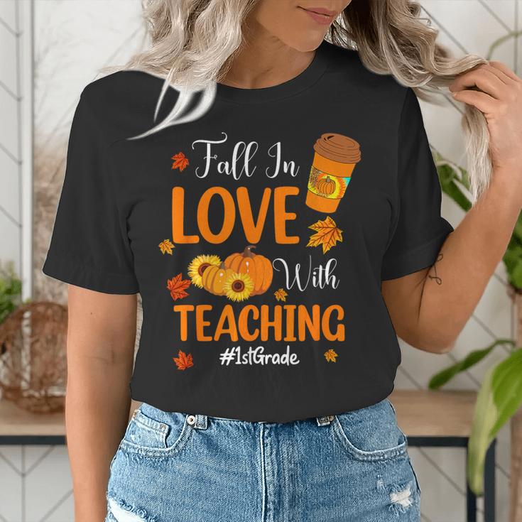 Fall In Love With Teaching 1st Grade Teacher Thanksgiving For Men Women Girls Kids Women's T-Shirt, funny gift