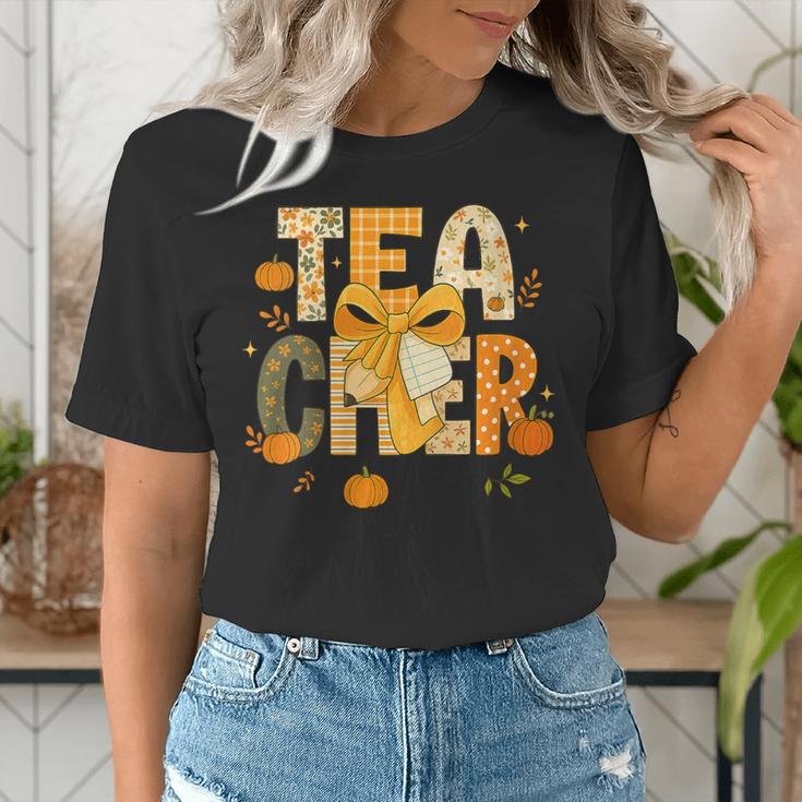 Fall Teacher Pumpkin Coquette Bow Autumn Classroom Women's T-Shirt, funny gift