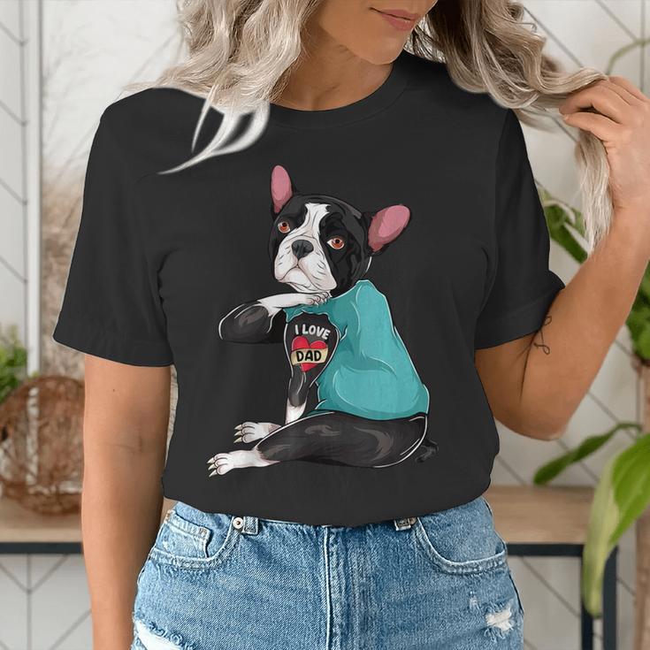 Father's Day Gift Dog Dad Boston Terrier i Love Dad Tattoo Women's T-Shirt, Boston Terrier Dad Shirts, funny gift