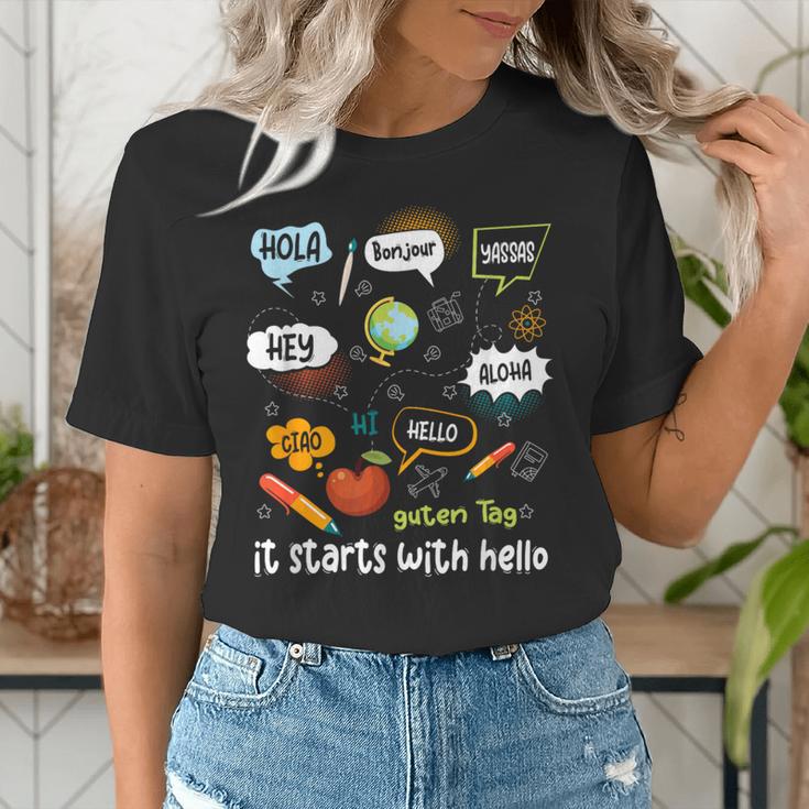 Friendship Inclusion Language Teacher It Starts With Hello Women's T-Shirt, funny gift Friendship Inclusion Language Teacher It Starts With Hello Women's T-Shirt, funny gift