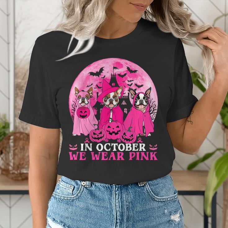 Ghost And Witch Boston Terrier Dog In October We Wear Pink Women's T-Shirt, Boston Terrier Ghost Shirts, funny gift