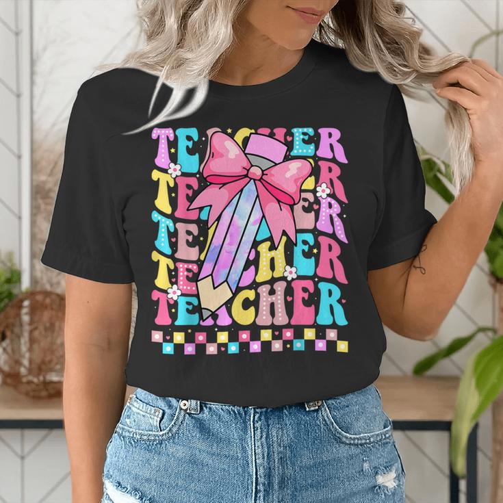 Groovy Teacher Cute Coquette Bow Flower Retro Back To School Women's T-Shirt, Groovy Teacher Shirts, funny gift