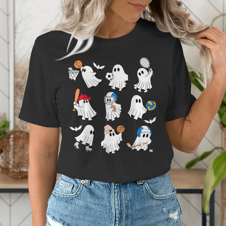Halloween PE Teacher Ghost Playing Soccer Football Baseball Women's T-Shirt, Pe Teacher Shirts, funny gift