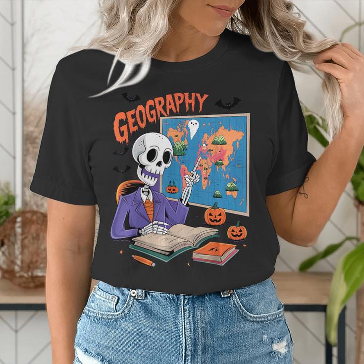 Halloween Skeleton Geography Teacher Pumpkin Bats Classroom Women's T-Shirt, funny gift Halloween Skeleton Geography Teacher Pumpkin Bats Classroom Women's T-Shirt, funny gift