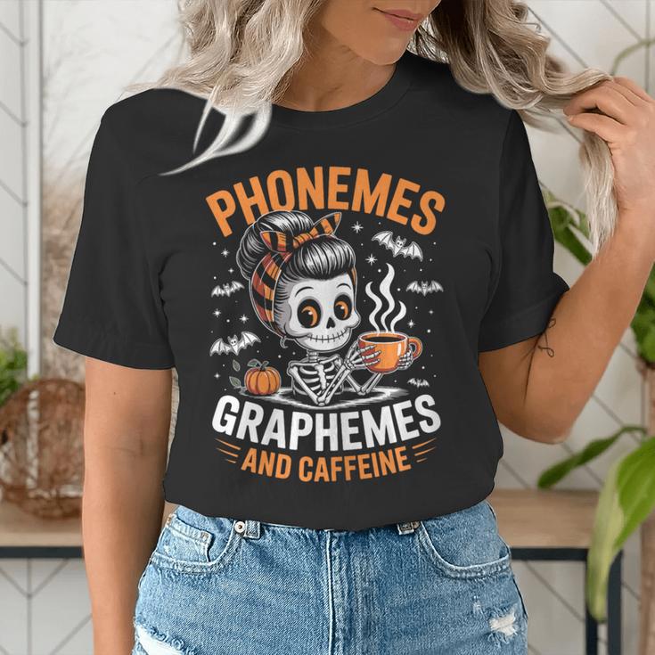 Halloween Skeleton Teacher Phonemes Graphemes Caffeine Lover Women's T-Shirt, funny gift