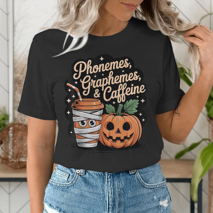 Halloween Teacher Phonemes Graphemes Caffeine Coffee Lover Women's T-Shirt, funny gift