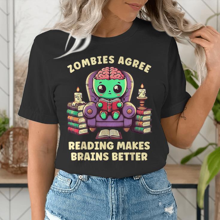 Halloween Teacher Zombie Reading Is Good For Brains Women's T-Shirt, funny gift Halloween Teacher Zombie Reading Is Good For Brains Women's T-Shirt, funny gift