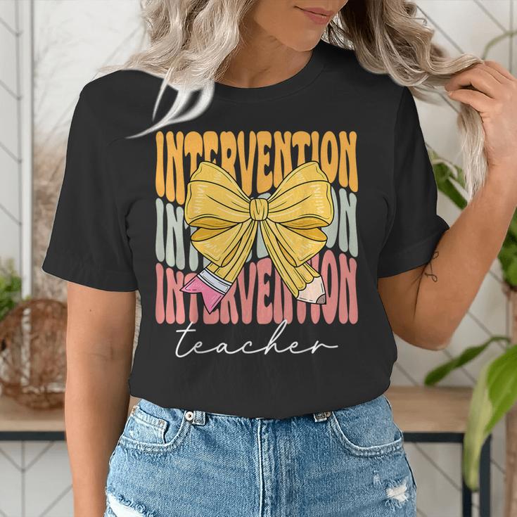 Interventionist Teacher Groovy Coquette Bow Back To School Women's T-Shirt, Groovy Teacher Shirts, funny gift Interventionist Teacher Groovy Coquette Bow Back To School Women's T-Shirt, Groovy Teacher Shirts, funny gift