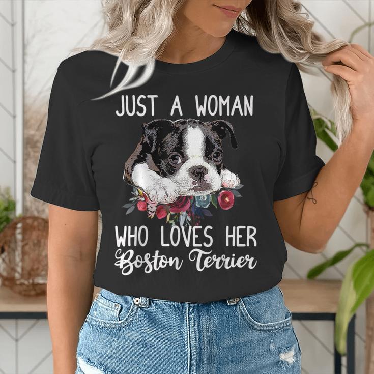 Just a Woman Who Loves Her Boston Terrier Cute Dog Mom Women's T-Shirt, Boston Terrier Mom Shirts, funny gift