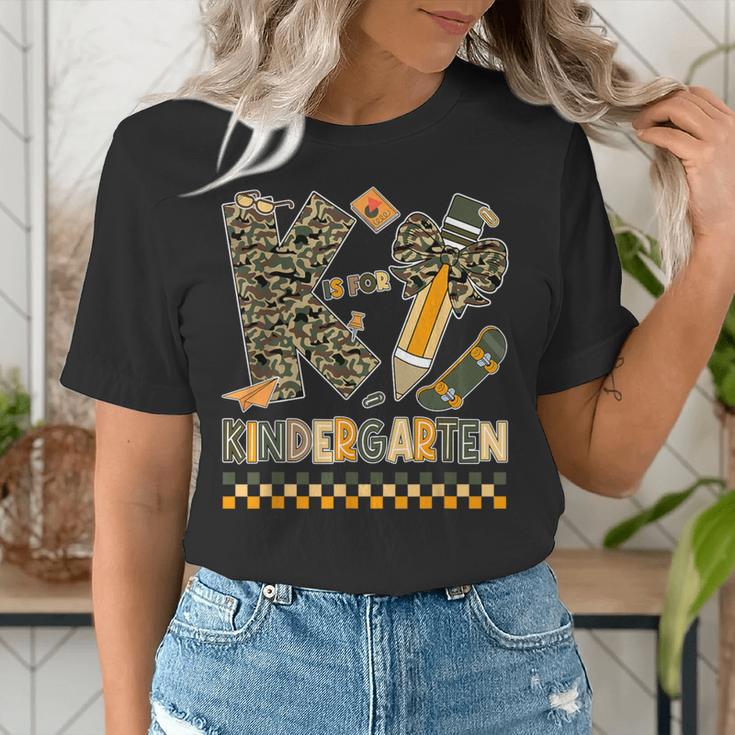 K Is For Kindergarten Teacher Coquette Bow Camo Women's T-Shirt, funny gift K Is For Kindergarten Teacher Coquette Bow Camo Women's T-Shirt, funny gift