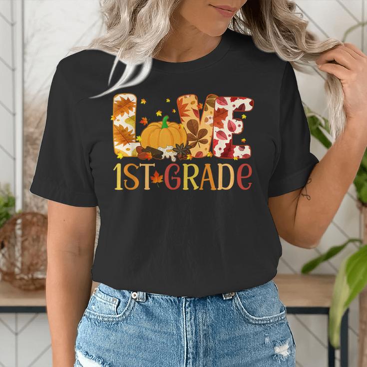 Love First Grade Happy Fall Thanksgiving Women 1st Teacher Women's T-Shirt, First Grade Teacher Shirts, funny gift