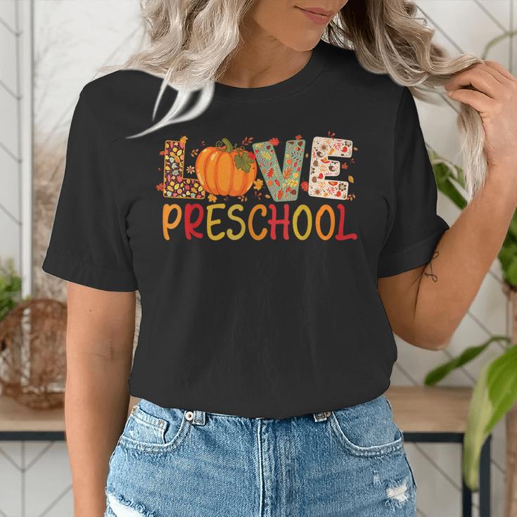 Love Preschool Happy Fall Thanksgiving Women Teacher Women's T-Shirt, funny gift Love Preschool Happy Fall Thanksgiving Women Teacher Women's T-Shirt, funny gift