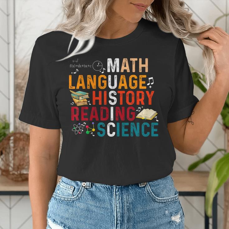 Math Language History Reading Science Music Teacher Women's T-Shirt, Science Teacher Shirts, History Teacher Shirts, funny gift