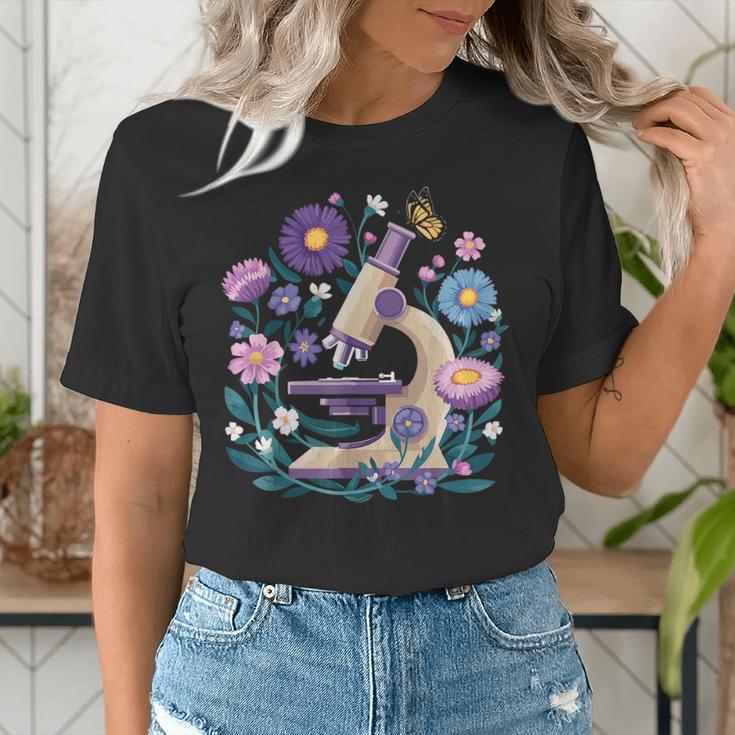 Microscope Flower Butterfly Biology Science Teacher Student Women's T-Shirt, Science Teacher Shirts, funny gift