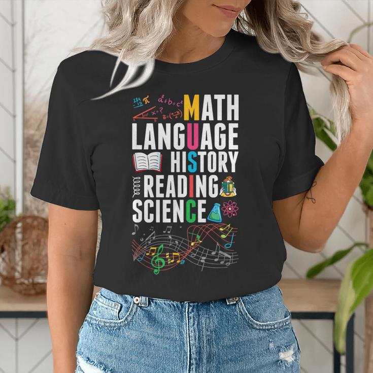Music Teacher Music Math Language History Reading Science Women's T-Shirt, Science Teacher Shirts, History Teacher Shirts, funny gift