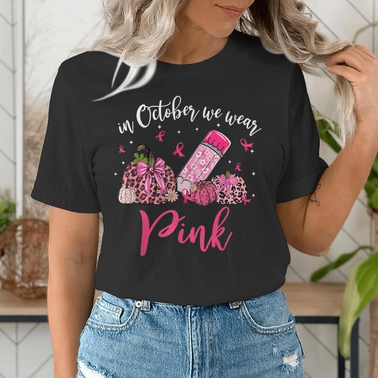 In October We Wear Pink Apple Teacher Daisy Breast Cancer Women's T-Shirt, funny gift