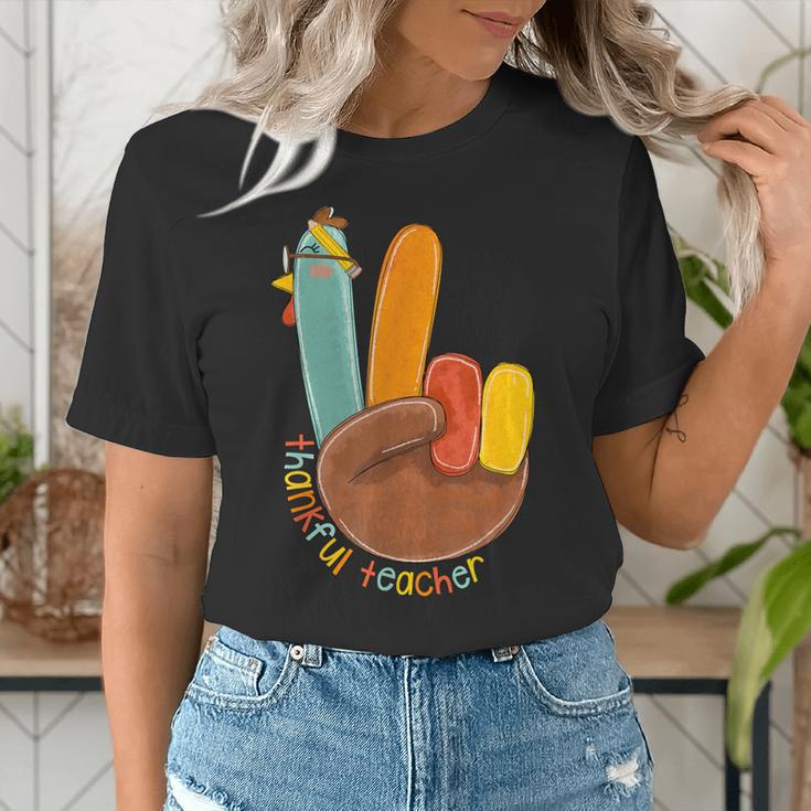 One Thankful Teacher Thanksgiving Turkey Peace Hand Sign Women's T-Shirt, funny gift One Thankful Teacher Thanksgiving Turkey Peace Hand Sign Women's T-Shirt, funny gift