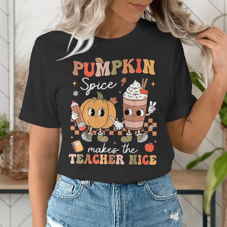 Pumpkin Spice Makes Teacher Nice Retro Fall Spooky Season Women's T-Shirt, funny gift