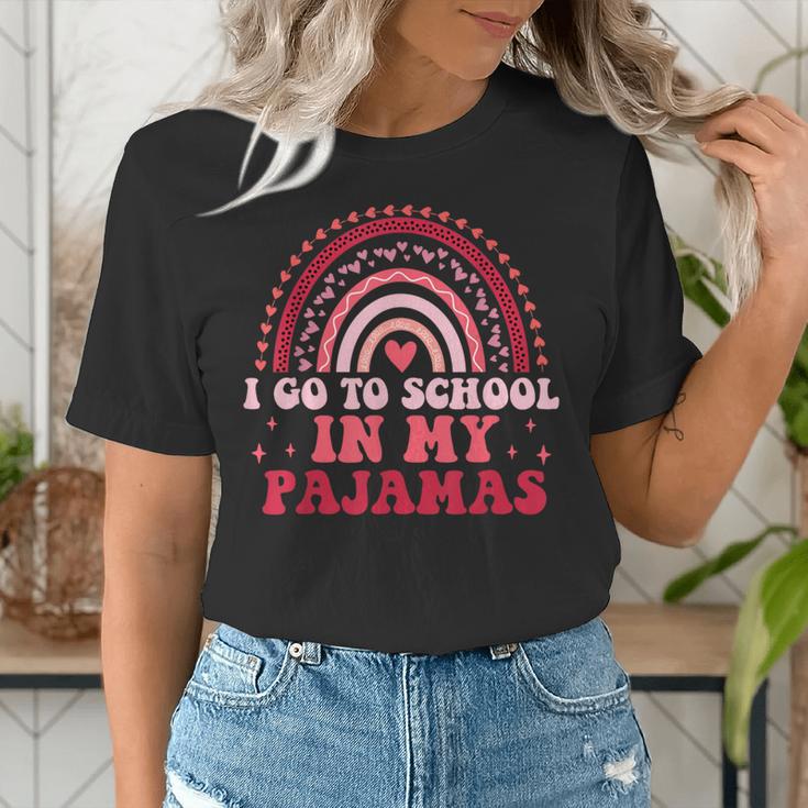 Rainbow Homeschool Mom Teacher I Go To School In My Pajamas Women's T-Shirt, funny gift
