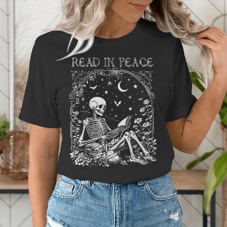 Read In Peace Skeleton Reading Teacher Spooky Halloween Women's T-Shirt, funny gift Read In Peace Skeleton Reading Teacher Spooky Halloween Women's T-Shirt, funny gift