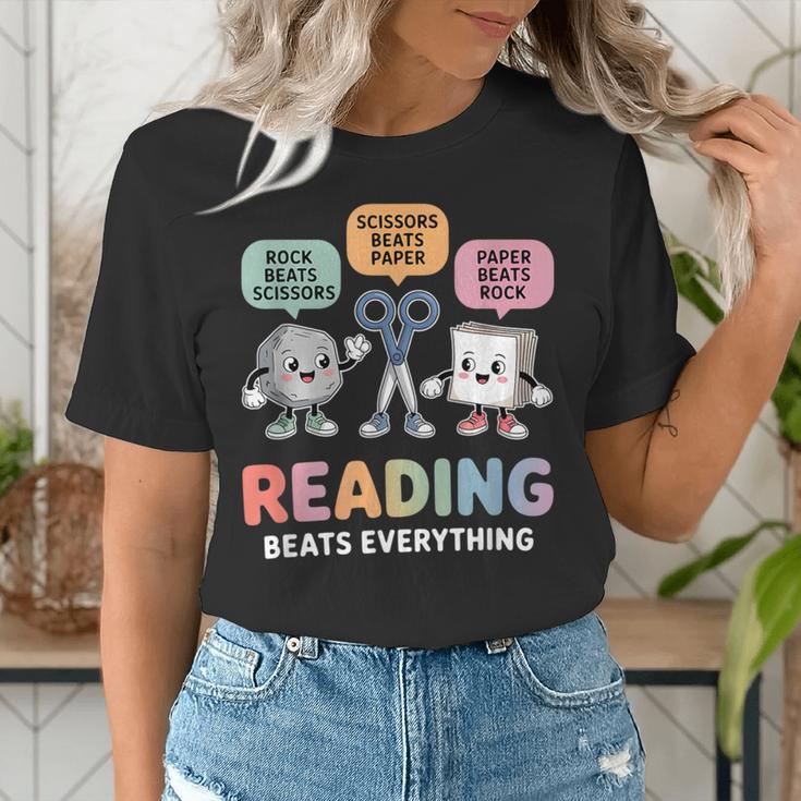 Reading Beats Everything Teacher Rock Paper Scissors Women's T-Shirt, funny gift