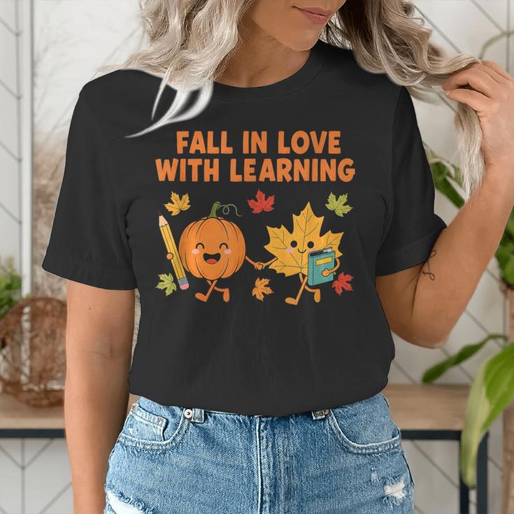 Retro Fall In Love With Learning Autumn Pumpkin Teacher Women's T-Shirt, funny gift