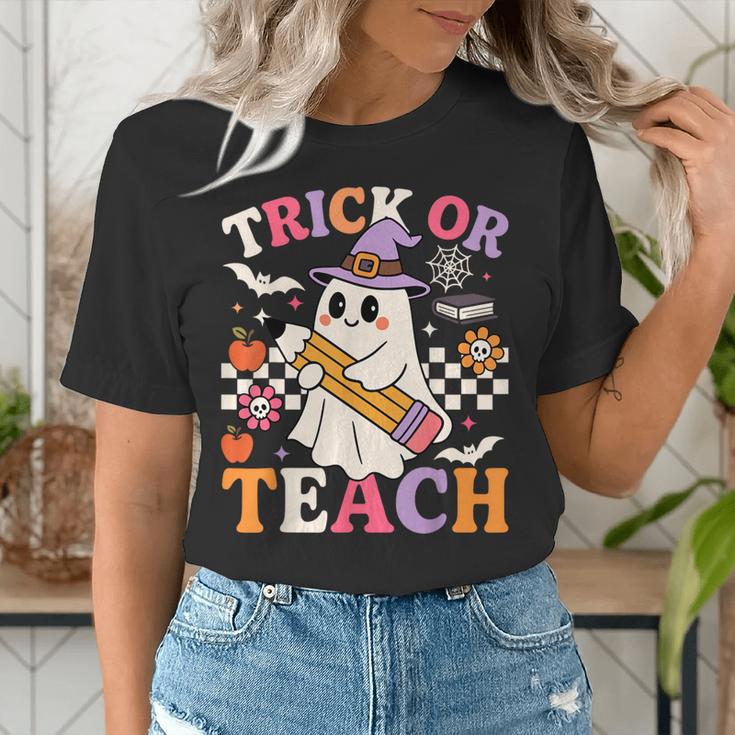 Retro Floral Ghost Trick Or Teach Groovy Teacher Halloween Women's T-Shirt, Groovy Teacher Shirts, funny gift Retro Floral Ghost Trick Or Teach Groovy Teacher Halloween Women's T-Shirt, Groovy Teacher Shirts, funny gift