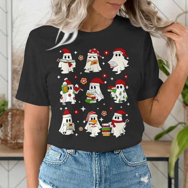 Santa Ghost Reading Books Christmas Library Teacher Women's T-Shirt, funny gift