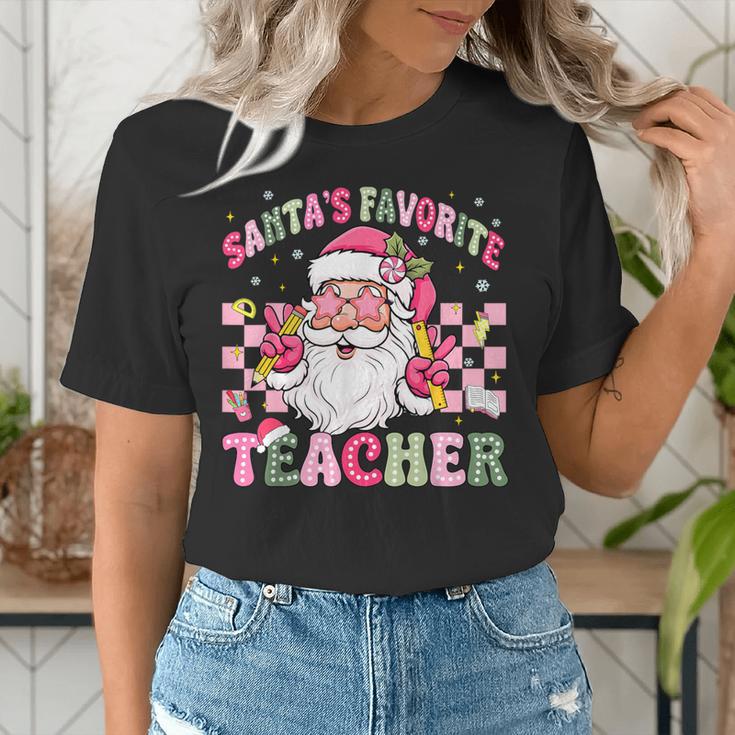 Santa's Favorite Teacher Groovy Christmas Teacher Boys Girls Women's T-Shirt, Groovy Teacher Shirts, funny gift
