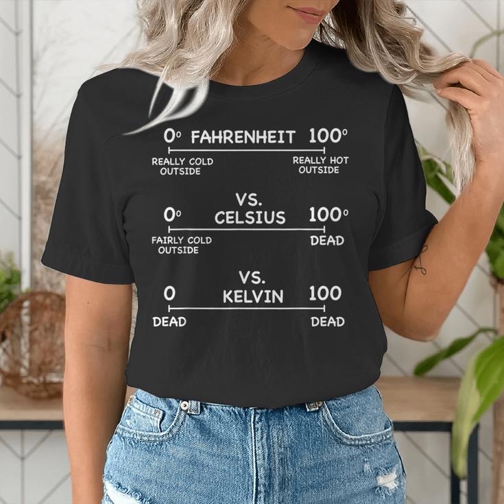Science Teacher Engineering Temperature Scales Fahrenheit Vs Celsius Vs Kelvin Humorous -Adults - Small Short Sleeve Modern V-Neck Cotton Blend Machine Wash Women's T-Shirt, Science Teacher Shirts, funny gift