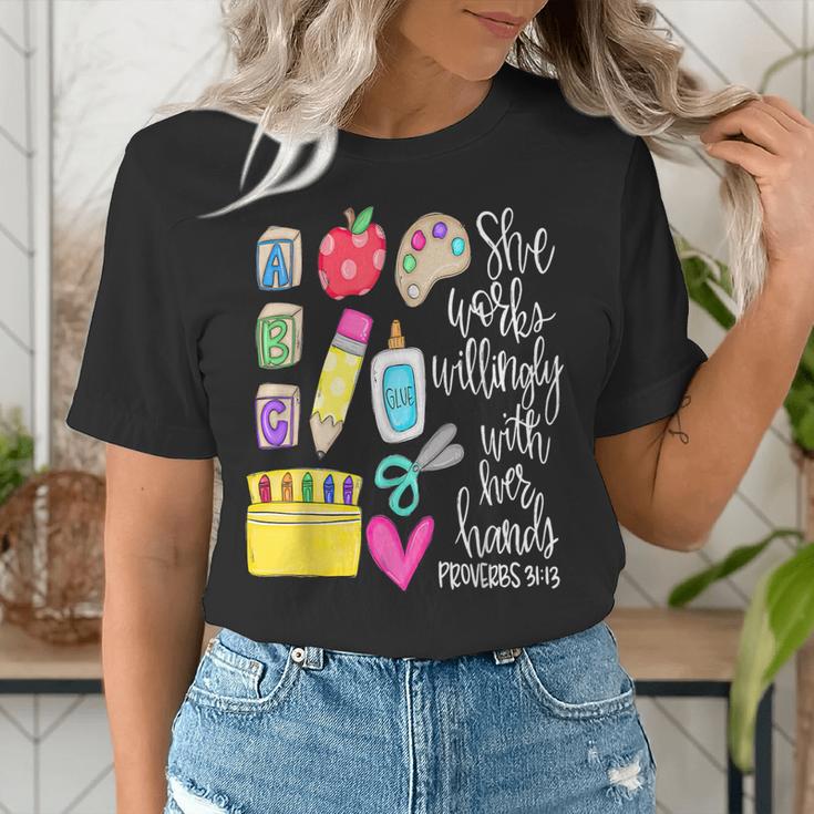 She Works Willingly With Her Hands Proverbs Daycare Teacher Men Women Women's T-Shirt, funny gift She Works Willingly With Her Hands Proverbs Daycare Teacher Men Women Women's T-Shirt, funny gift