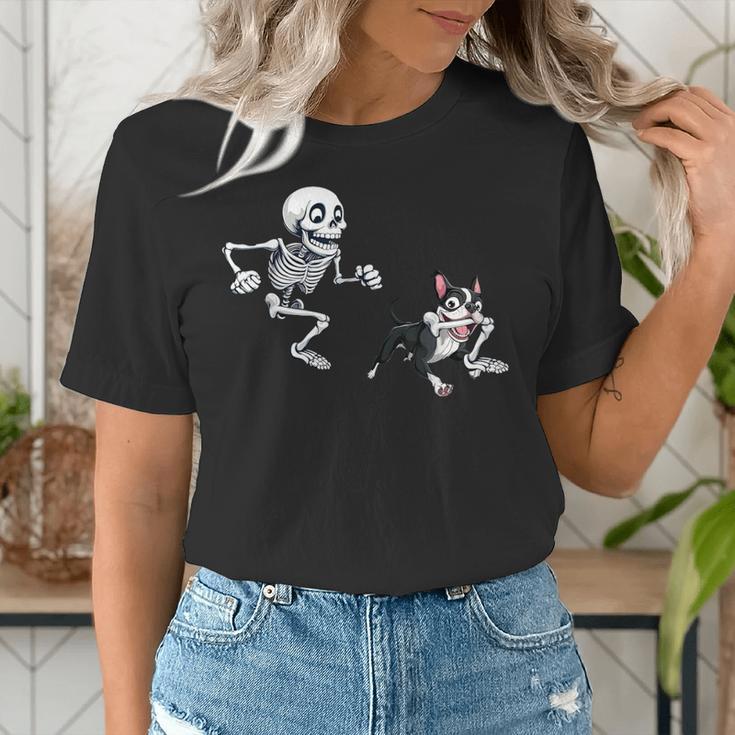 Skeleton Chasing Dog Boston Terrier Halloween Pet Lover Women's T-Shirt, Boston Terrier Halloween Shirts, funny gift