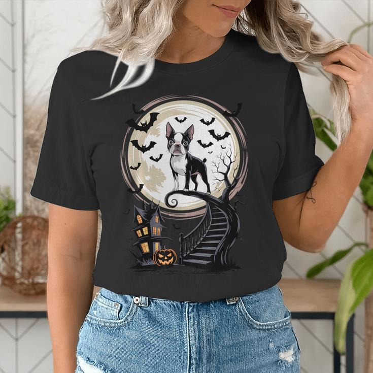 Spooky Halloween Moon Boston Terrier Boston Bull Bostie Women's T-Shirt, Boston Terrier Halloween Shirts, funny gift