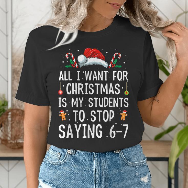 Stop Saying 6-7 Teacher 67 Christmas Meme Six Seven Women's T-Shirt, funny gift Stop Saying 6-7 Teacher 67 Christmas Meme Six Seven Women's T-Shirt, funny gift