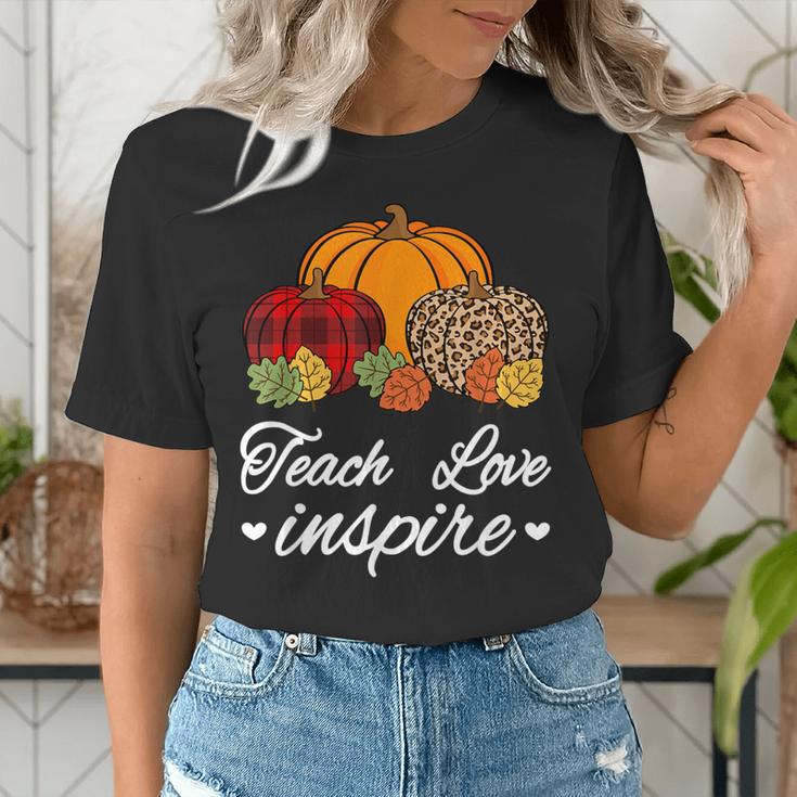 Teach Love Inspire Autumn Fall Plaid Leopard Pumpkin Teacher For Men Women Kids Women's T-Shirt, funny gift