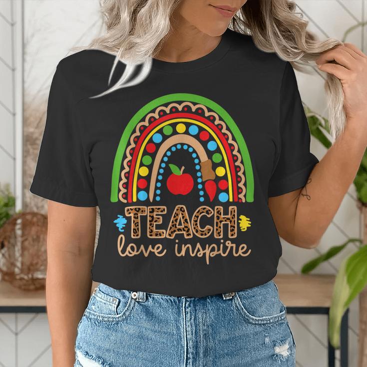 Teach Love Inspire Rainbow Leopard Cheetah Print Teacher Women's T-Shirt, funny gift