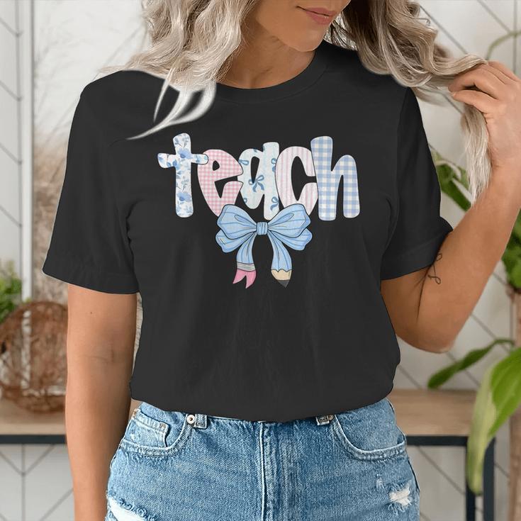Teach Teacher Coquette Bow Pencil Back To School First Day Women's T-Shirt, funny gift