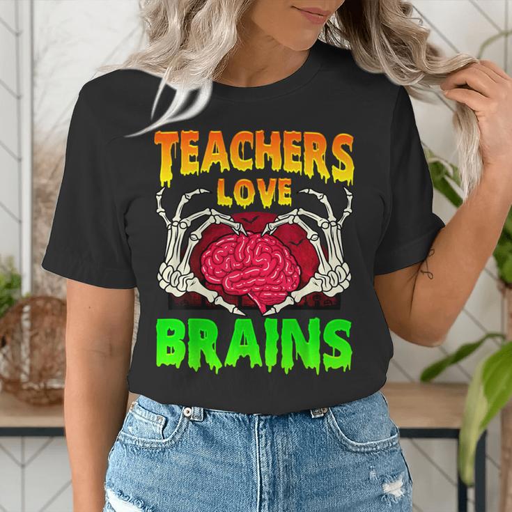 Teacher Teachers Love Brains Skeleton Hand Heart Halloween Women's T-Shirt, funny gift