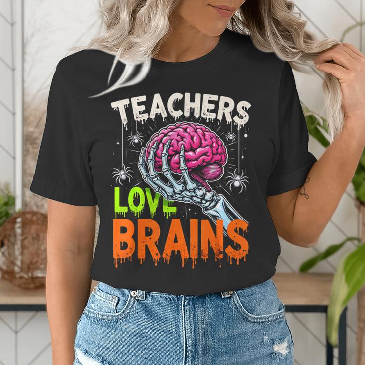 Teachers Love Brains Halloween 2025 Skeleton Costume Women's T-Shirt, funny gift