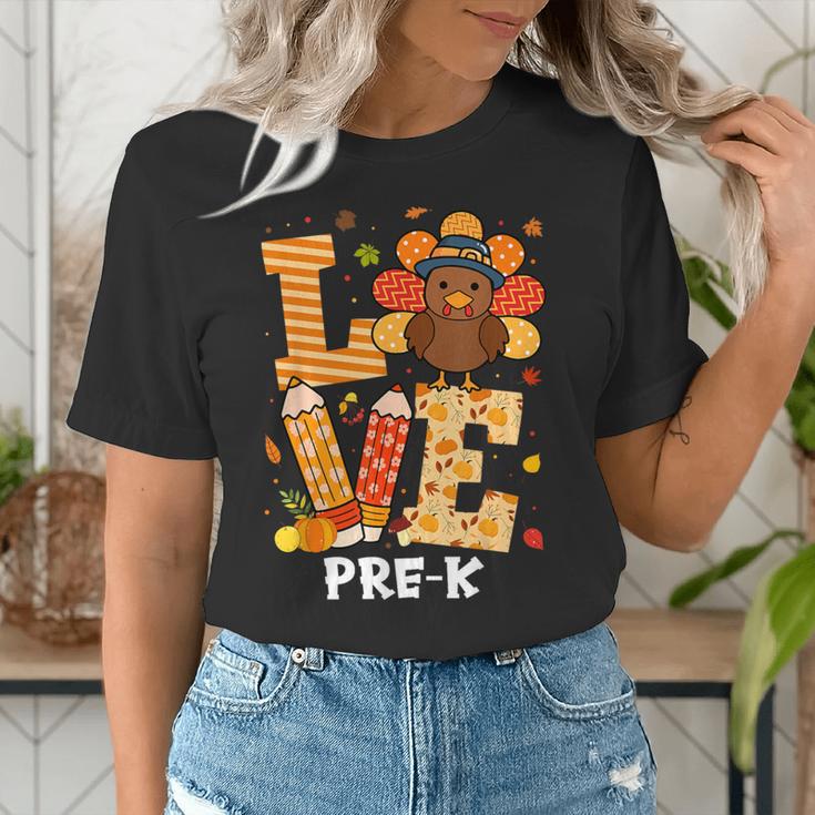 Thanksgiving Love Pre-K Teacher Turkey Autumn Fall For Men Women Girls Kids Women's T-Shirt, funny gift