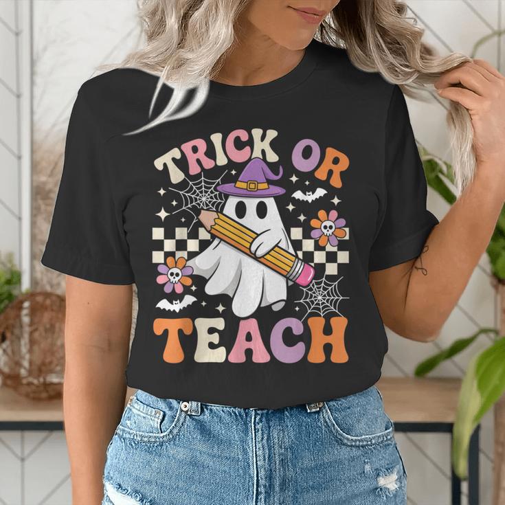 Trick Or Teach Groovy Teacher Halloween Retro Ghost Women's T-Shirt, Groovy Teacher Shirts, funny gift Trick Or Teach Groovy Teacher Halloween Retro Ghost Women's T-Shirt, Groovy Teacher Shirts, funny gift