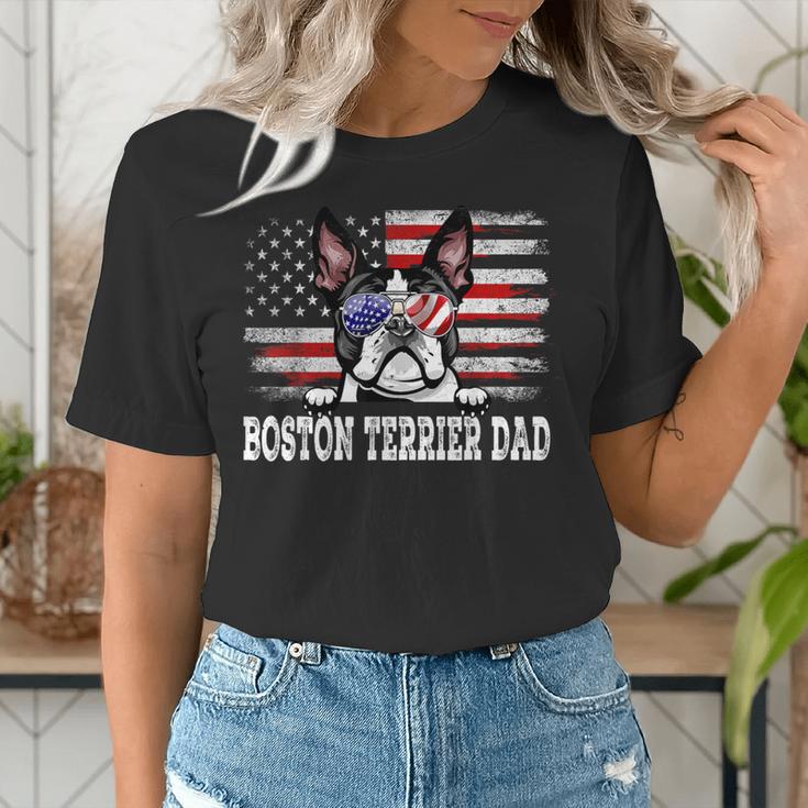 Vintage Boston Terrier Dad American Flag Father's Day Women's T-Shirt, Boston Terrier Dad Shirts, American Boston Terrier Shirts, funny gift