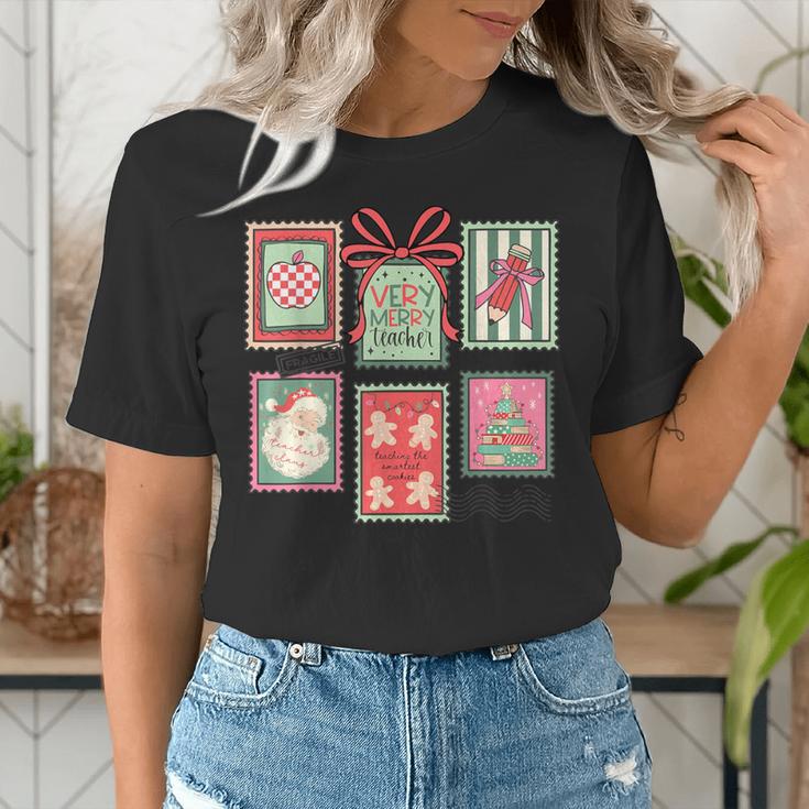 Vintage Preppy Very Merry Teacher Santa Stamps Christmas Women's T-Shirt, funny gift Vintage Preppy Very Merry Teacher Santa Stamps Christmas Women's T-Shirt, funny gift